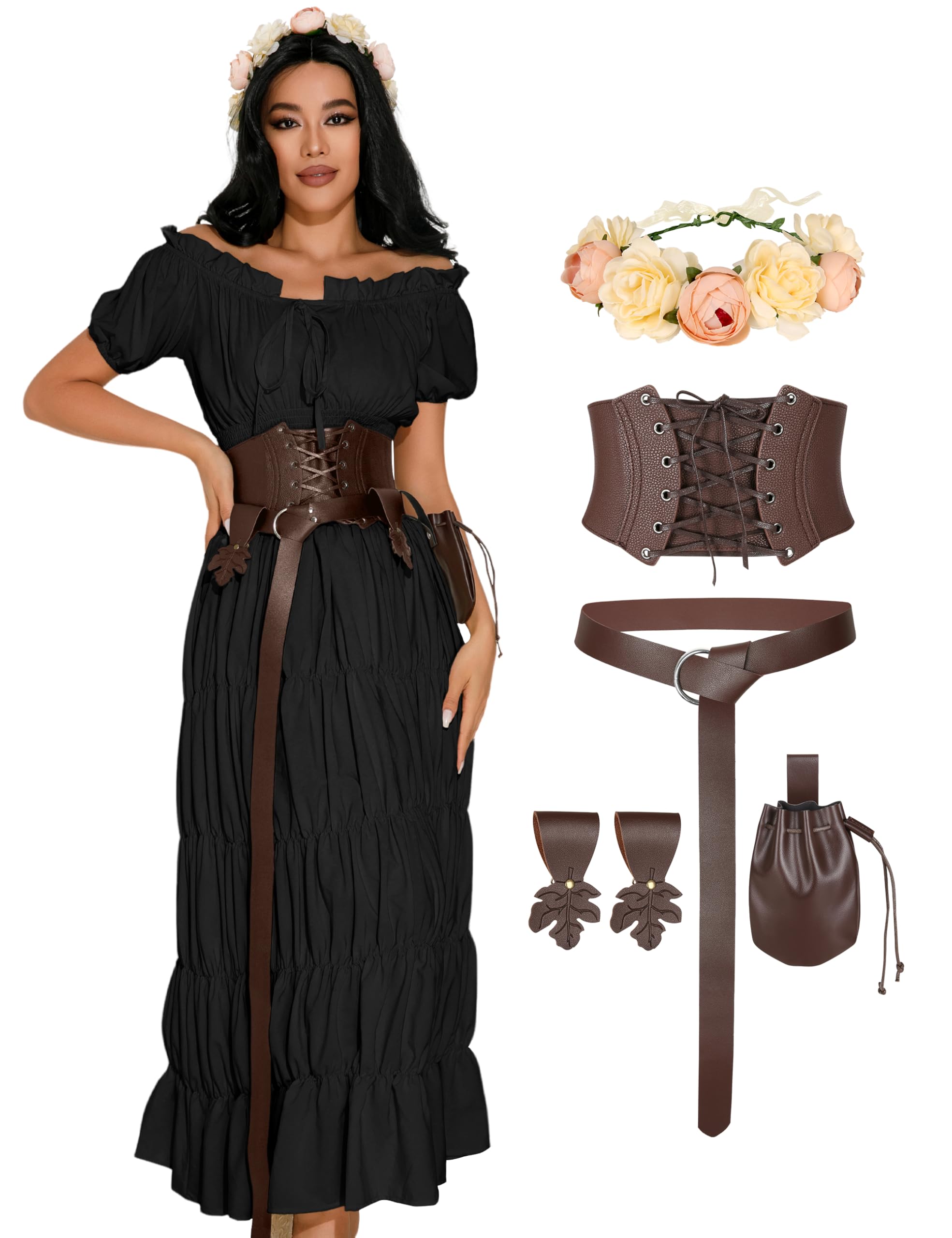 Photo 1 of **Dress Only** GERVAISE Womens Renaissance Costume Medieval Fairy Dress Victorian Irish Outfits 7pcs (Black, Medium)