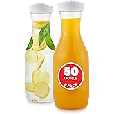 Plastic Juice Carafe with Lids (Set of 2) 50 oz Carafes for Mimosa Bar, Drink Pitcher with Lid, Water Bottle, Milk Container, Clear Beverage Containers for Fridge, Pantry Storage, Round Pitchers