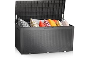 Dopinmin Outdoor Deck Box Waterproof Storage Box 100 Gallons Large Resin Storage Bench Organization Container for Patio Furniture Cushions, Pool Accessories,Toys and Garden Tools, Black