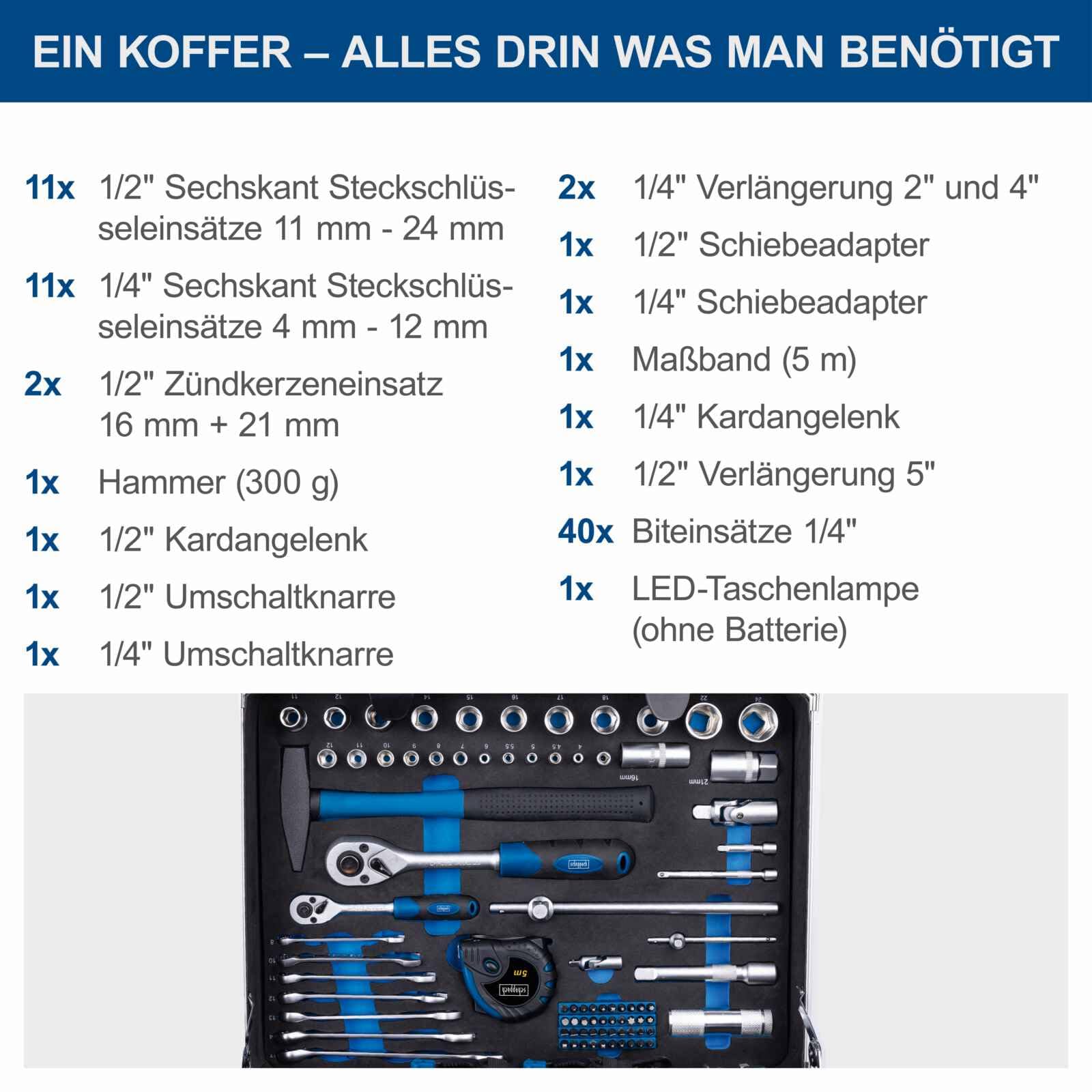 Scheppach TB200 Aluminium Werkzeugkoffer gefüllt 141-tlg Werkzeug Set | Werkstattkoffer bestückt mit Schraubenschlüssel, Hammer, Zange, Schraubenzieher, Werkzeugkiste für Werkstatt und Haushalt 7