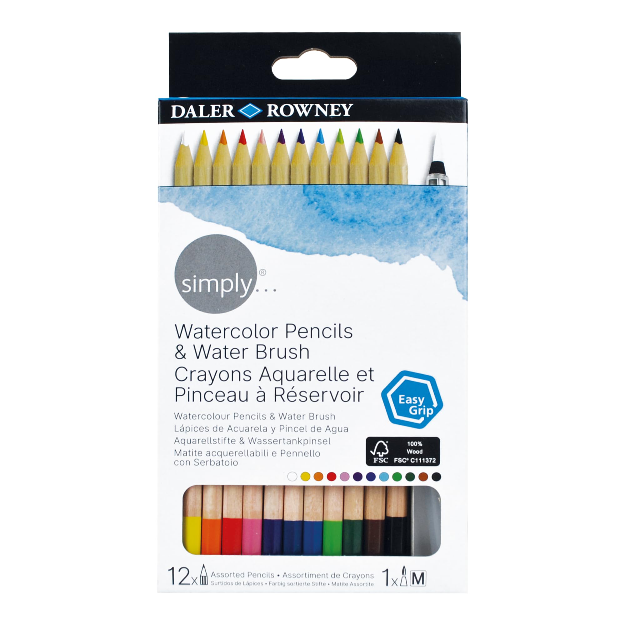 Daler-Rowney Simply Watercolour Hex Colouring Pencil Set with 1 x Water Pen, 12 Assorted Colours, For Entry-Level Artists & Hobbyists