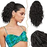 BARSDAR Short Ponytail Extension for Women - 12 Inch Claw Clip Ponytail Hair Extensions - Multi Layered Wavy Black Ponytail Soft Synthetic Clip in Pony Tails Hairpieces - Black Brown