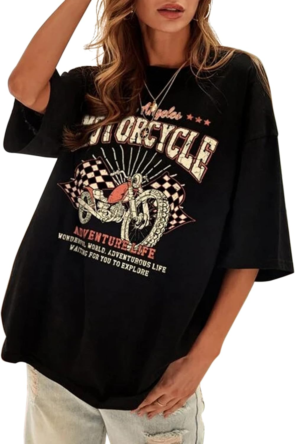 Meladyan Women Oversized Motorcycle Slogan Graphic Tee,Drop Shoulder Longline Round Neck Short 