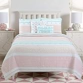 Cozy Line Home Fashions Light Pink Blue Ruffles Girl 100% Cotton Reversible Quilt Bedding Set, Coverlet, Bedspread (Candy, Twin - 2 Piece: 1 Quilt + 1 Sham)