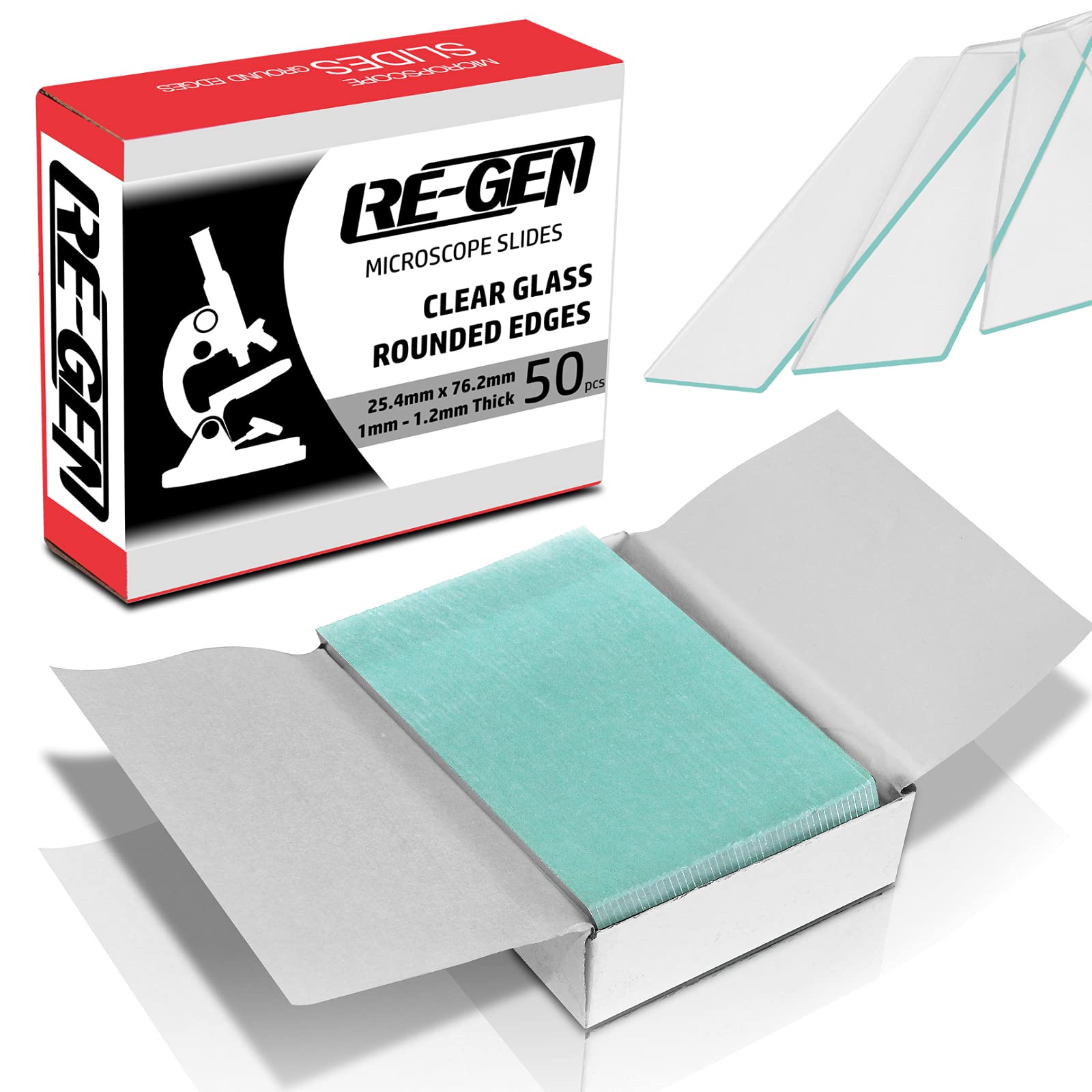 RE-GEN - 50 Pack Box Ultra Clear Grounded Round Frosted Edge Microscope Glass Slides | Size 25.4mm x 76.2mm