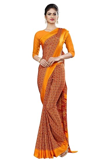 Uniform Sarees Corp Womens Italian Silk Crepe Hospital Uniform Saree With Blouse (Orange)