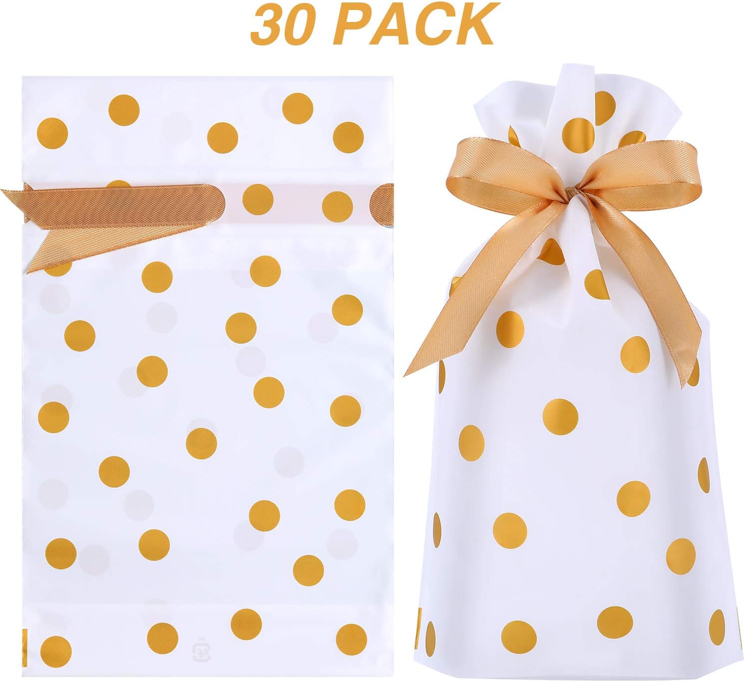 Frienda 30 Pack Gold Polka Dot Treat Bags with Drawstring Plastic Candy Bag Drawstring Cookie Sack for Christmas Wedding Party Birthday Engagement Holiday Favor - Image 3