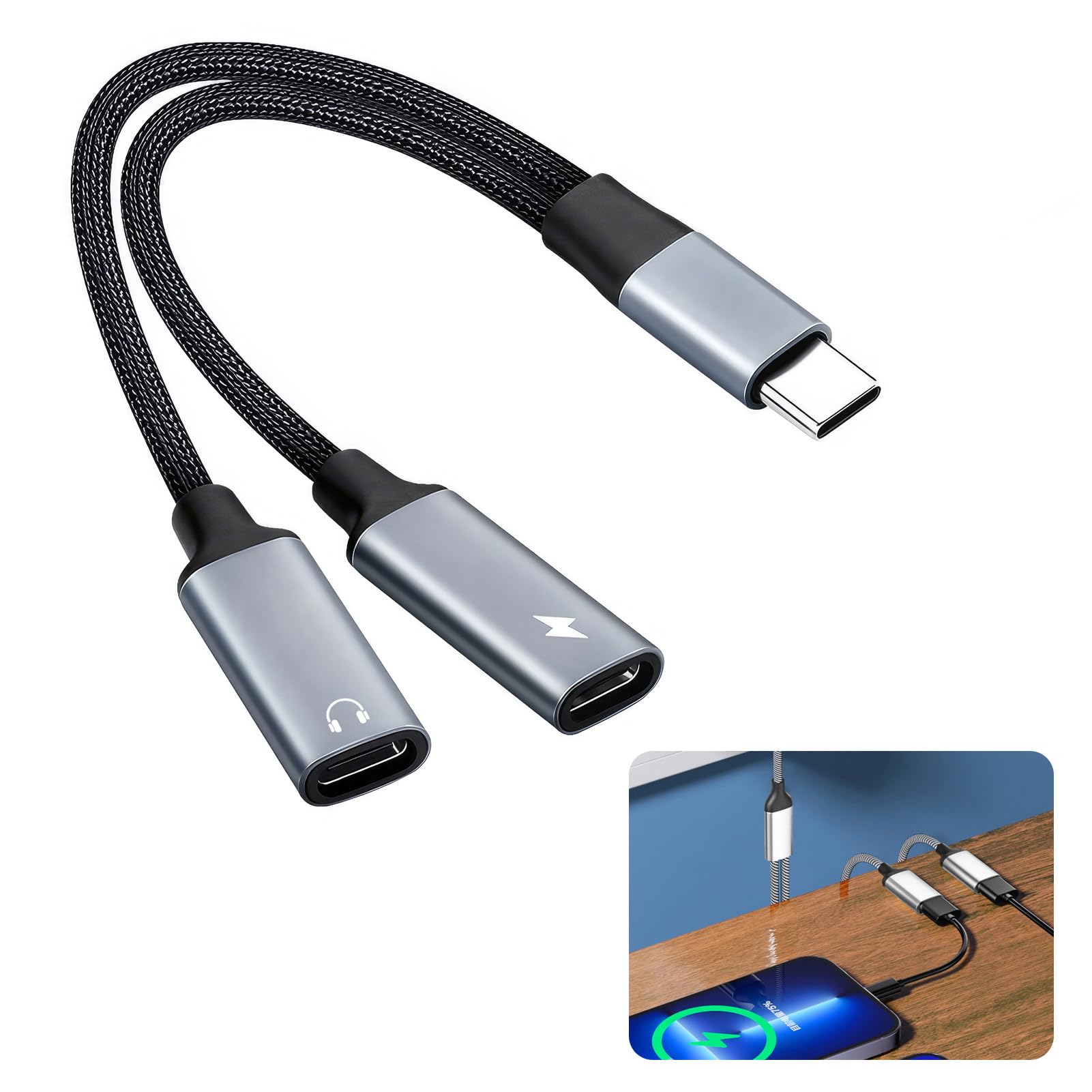 USB-C Male to 2-Female Cord Converter: Dual Type-C Audio Splitter & PD 60W Fast Charging for Mac & Xbox