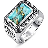 Yaresul 5CT 8X12mm Radiant Cut Teal Turquoise Ring/Created Mens Black Onyx 925 Sterling Silver Mens Ring Cocktail Rings Celtic Pattern Pinky Ring Band for Dad Father Size 7-12