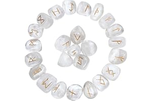 CROCON Rune Stones Sets 25 pcs Clear Quartz for Beginners with Elder Futhark Alphabets for Healing Chakra Crystals Reiki feng Shui Gemstone Runes Set Size: 15-20 mm with a Pouch & Rune brochure