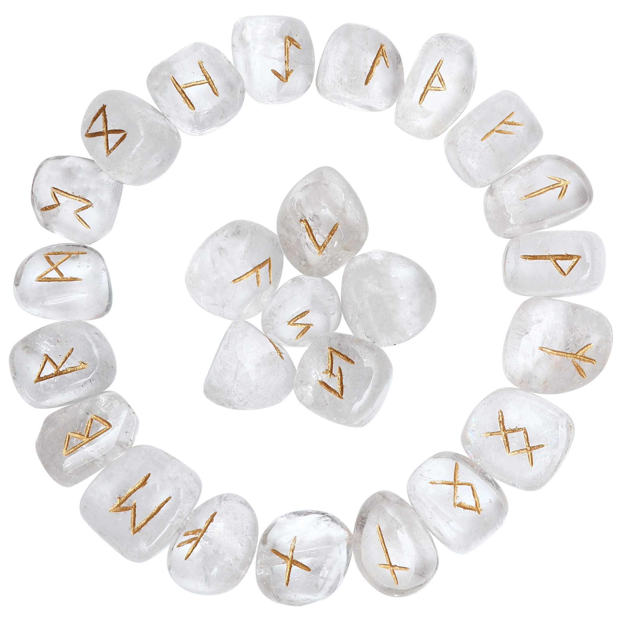 Crocon Clear Quartz Gemstone Rune Stone with Elder Futhark Alphabet Engraved Symbol 25 pcs Set | Size: 15-20 mm | with a Pouch & Rune brochure โ image 1
