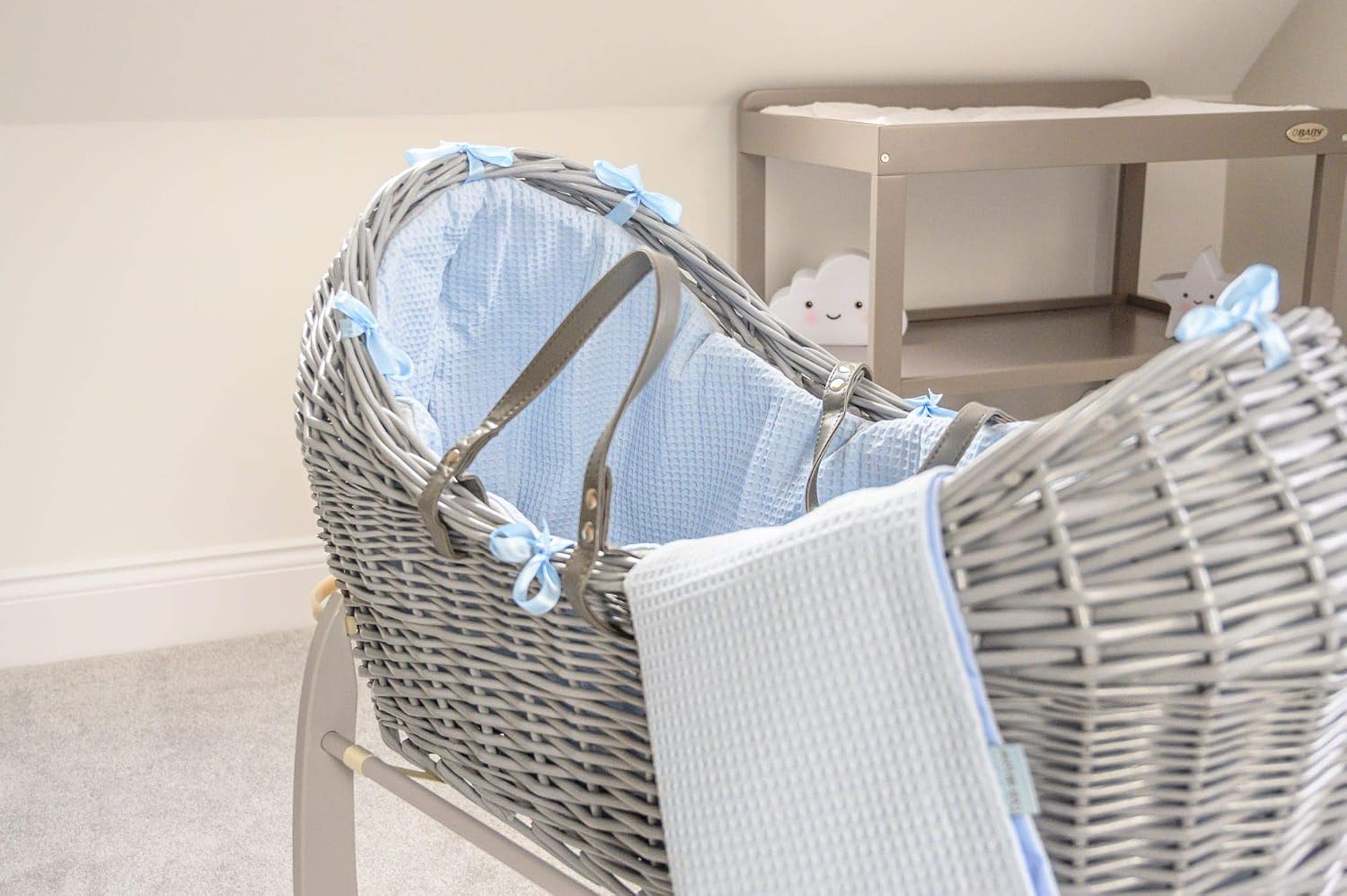 Clair de Lune Waffle Grey Wicker Noah Pod, Blue, Moses Basket - Image 4