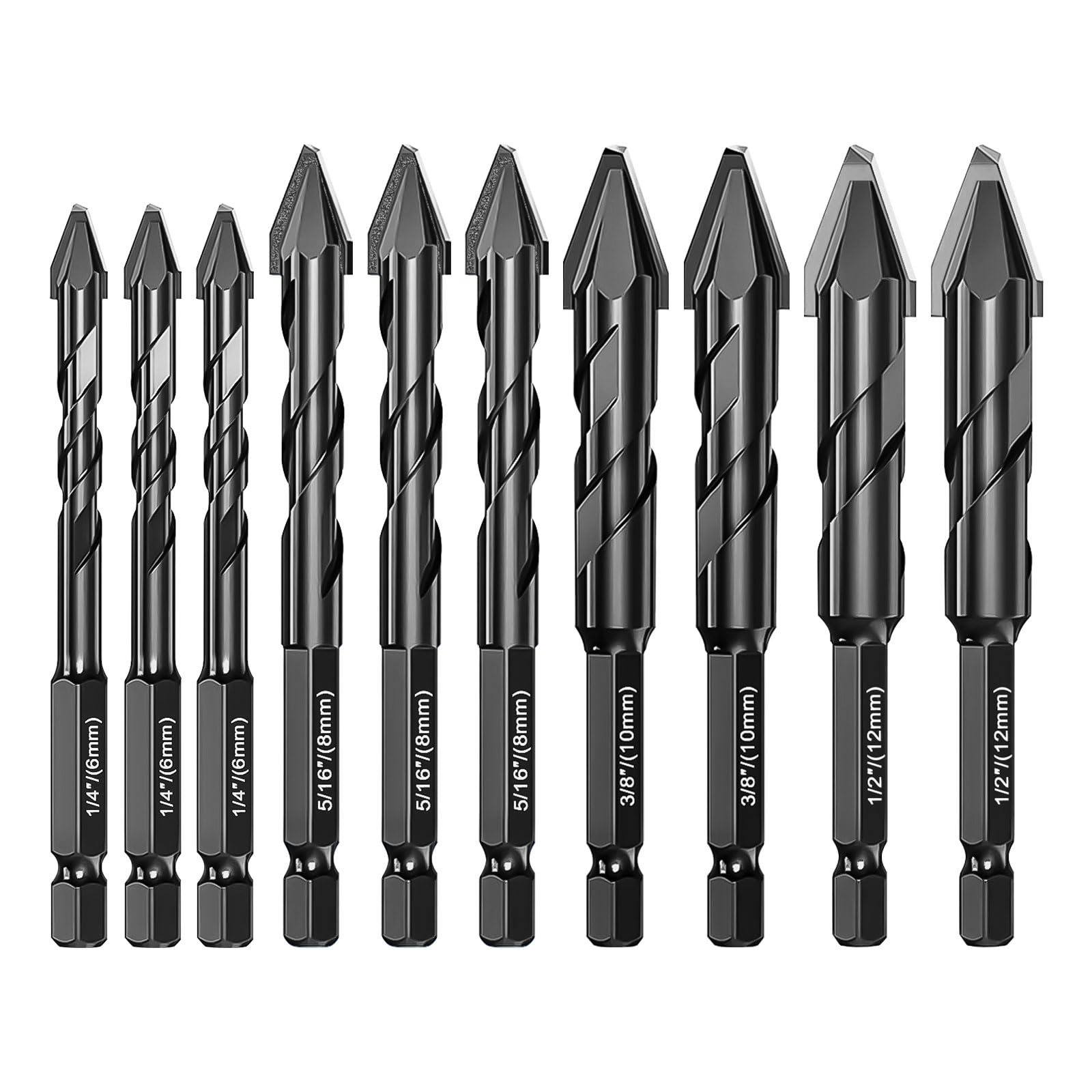 10 PCS Tile Drill Bits Set, Masonry Concrete Drill Bit 1/4 Hex Shank High Strength Tungsten Carbide Tip Tile Drill Bit Set for Porcelain Glass Brick Cement Wood (6/8/10/12mm,Black)