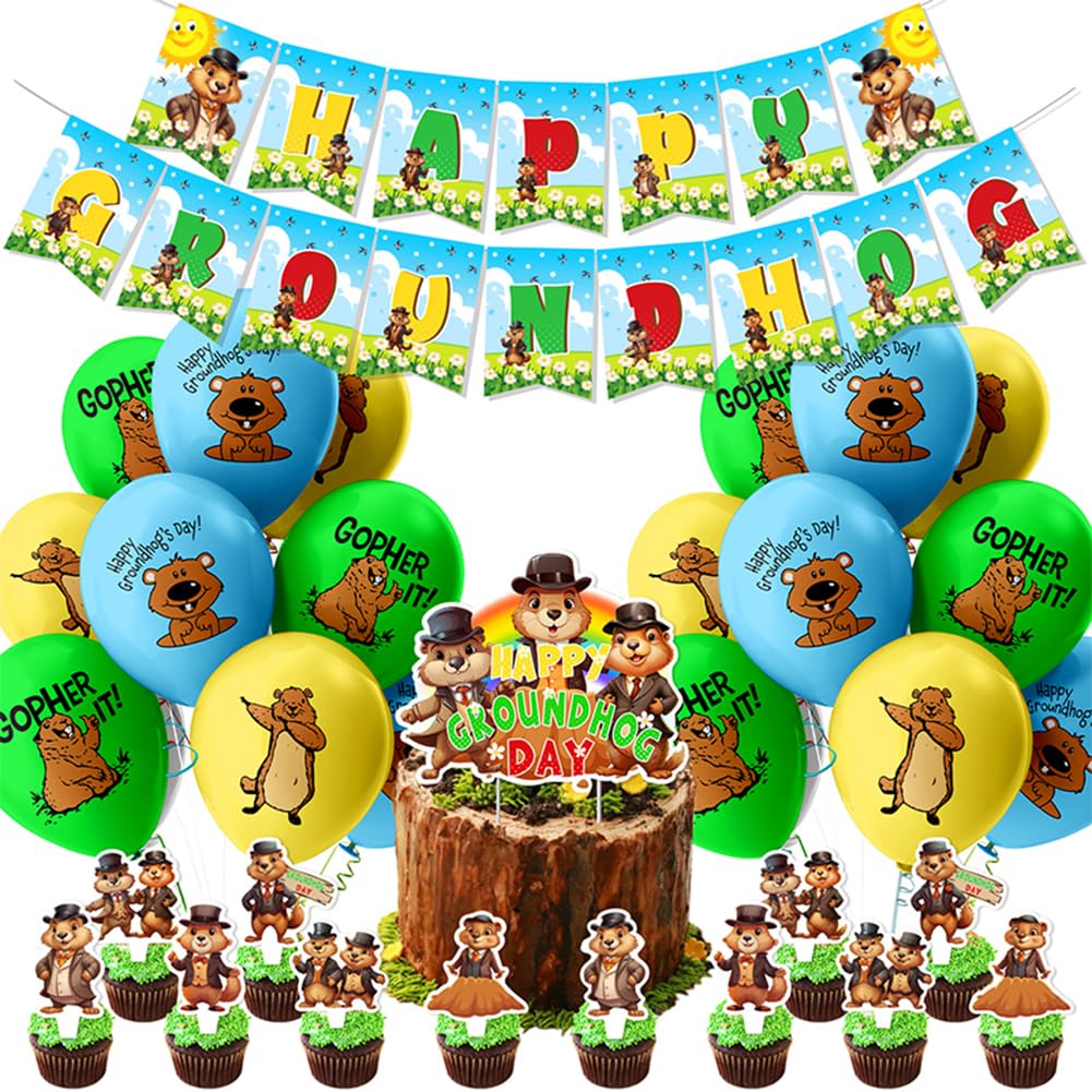 32 Pieces Groundhog Party Decorations,Happy Groundhog Day Supplies Set,Gopher Decoration Party Favors for Kids,Themed Kit Including Banner Balloons Cupcake Toppers for Baby Shower Anniversary