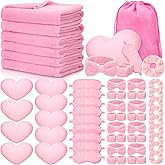 Fanfanwin 63 Pcs Spa Sleepover Party Supply Set 9 Pink Fleece Blankets 9 Fluffy Pink Heart Throw Pillows 9 Satin Eye Masks 9 Spa Headband 9 Wristband 9 Plush Scrunchies 9 Gift Bags for Slumber Party
