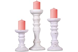 Mela Artisans Shabby White Hand Carved Wooden Pillar Candle Holders - Set of 3 | Aisha Decorative Style | Crafted from Mango Wood | Rustic Table Centerpiece Decor | Sized 6", 9" and 12"