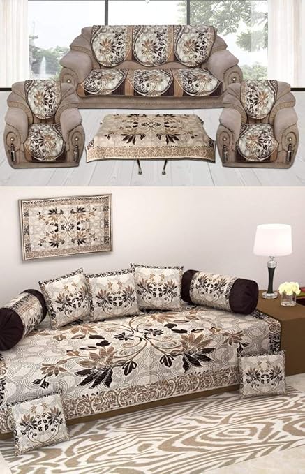 Gurnoor Diwan Set of 8 Pieces Combo with Sofa Covers for Living Room 5 Seater and Center Table Cover Cloth-Coffee Color