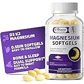 Magnesium Glycinate 400mg Softgels, Small Easy to Swallow High Absorption Magnesium Supplement, with Vitamin D3 & K2 for Sleep Relax Calm Muscle Bone* Health, 120 Gelcaps