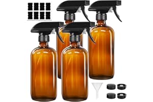 16 Oz Amber Glass Spray Bottles, 4 Pack Glass Spray Bottles Refillable Empty Bottle with Lock/Adjustable Nozzle, Mister Squir