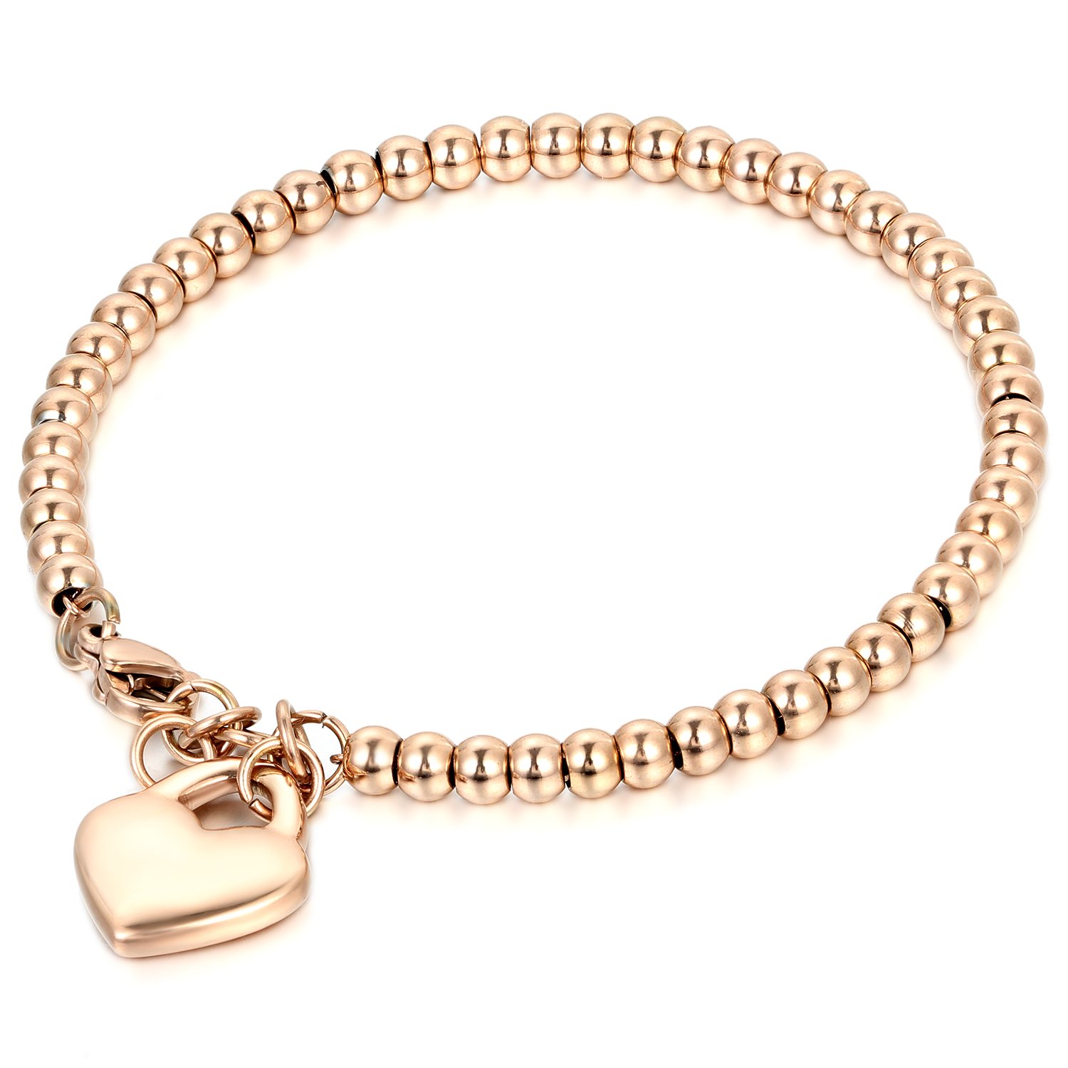 JewelryWe Women's Stainless Steel Bead Chain Bracelet with Heart Charm Adjustable, Rose Gold