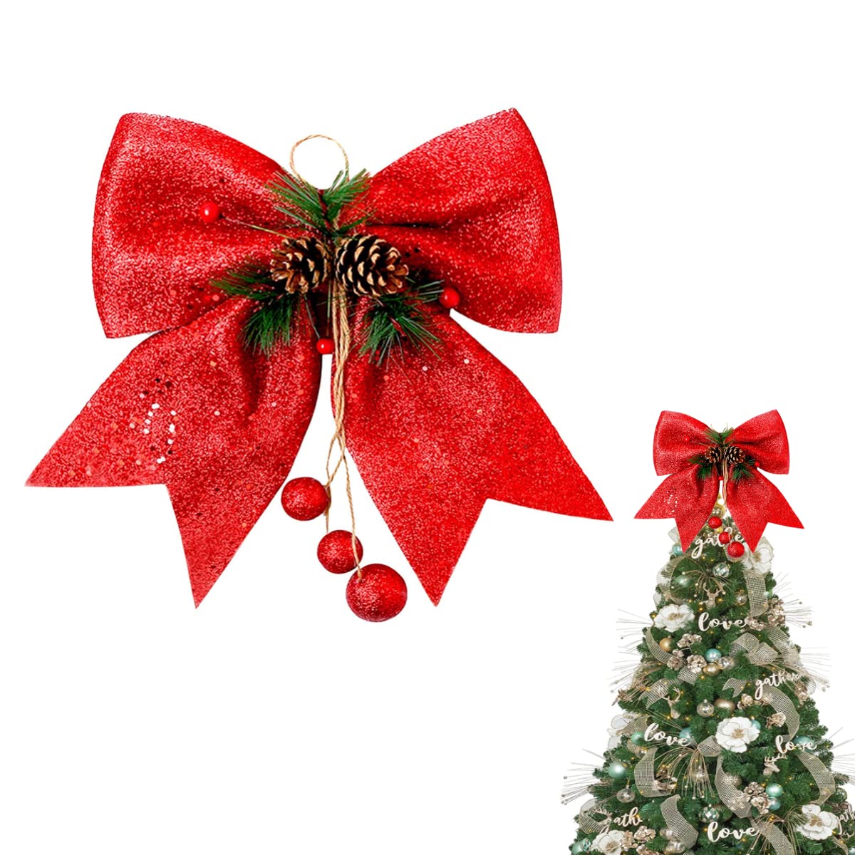 1P Red Topper bow for Tree, 9.8x11.8in Glitter Wreaths Large Sequin Ties Xmas Ornaments, Foam Bows Garland Decor
