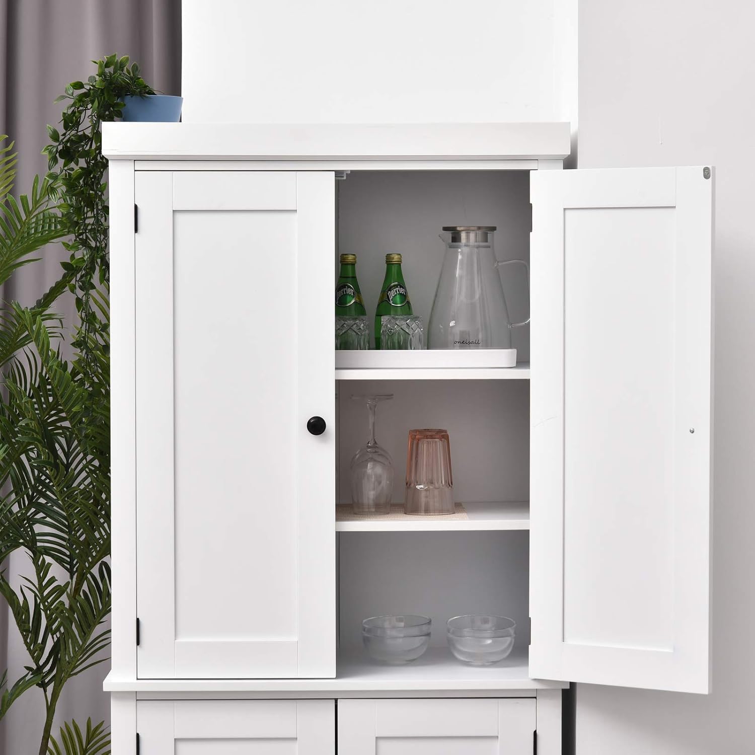 HOMCOM Traditional Farmhouse Freestanding Cupboard Kitchen Pantry with Two Storage Areas, Adjustable Shelving, White: Furniture & Decor