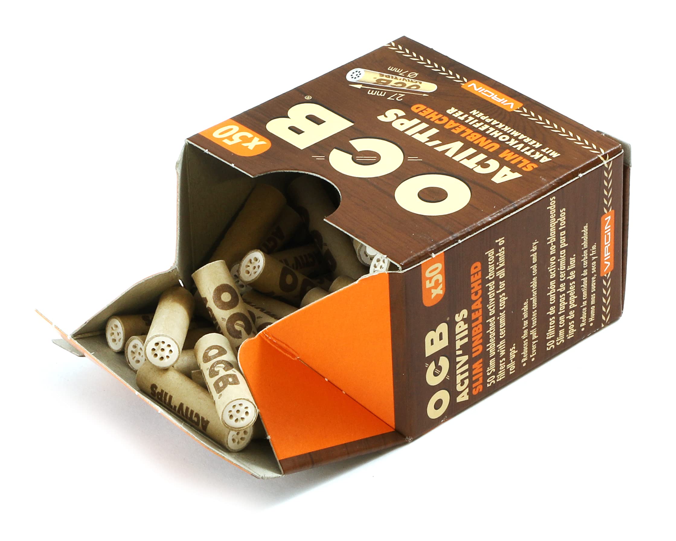 OCB 18656 ActivTips Slim Unbleached 7mm Virgin Activated Carbon Filter with Ceramic Caps - 2 x 50 Paper