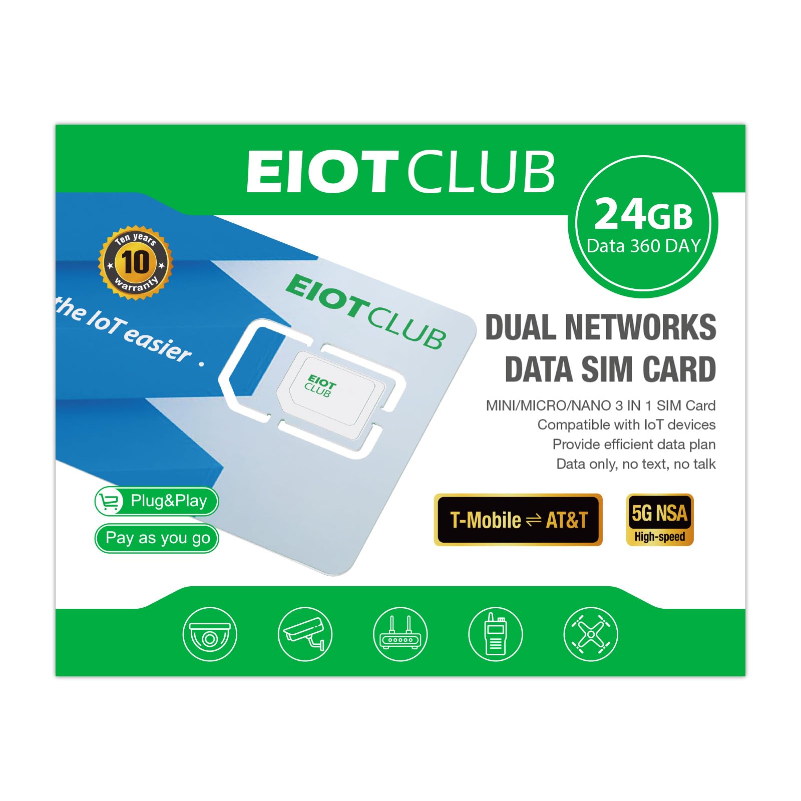 Photo 1 of EIOTCLUB Prepaid Data SIM Card 24GB/360Day, 5G/4G LTE SIM Card, Support for AT&T and T-Mobile in The USA, Data Only SIM Card for 4G LTE Cellular Security Camera Unlocked Devices, No Contract