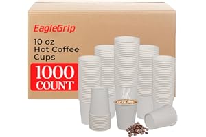10 Oz, 1000 Count Eagle Grip Disposable White Paper Cups – Leak-Proof, Poly-Coated Hot White Cups with Rolled Rim, Durable & 