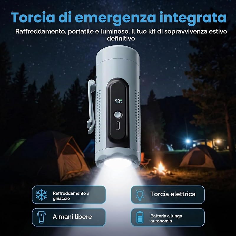 Mini Ventilatore Portatile 3 in 1 con Piastra Raffreddante, 5 Velocità, Display LED, USB-C, Clip, Supporto e Torcia, Ricaricabile per Viaggio Ufficio Campeggio Tascabile (Blu) — foto 8 di 8