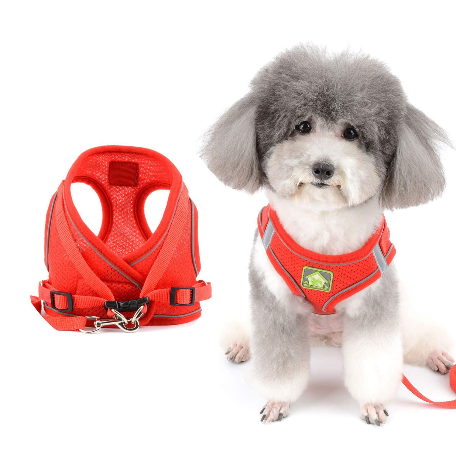 Zunea Small Dog Harness and Lead Set No Pull Puppy Vest Harnesses Adjustable Reflective Soft Mesh Step-in Pet Cat Harness Escape Proof for Walking, Bright Colors for Dogs Red L