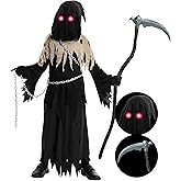 Spooktacular Creations Glowing Eyes Grim Reaper Costume for Kids, Halloween Costume for Boys, Halloween, Dress-up Party