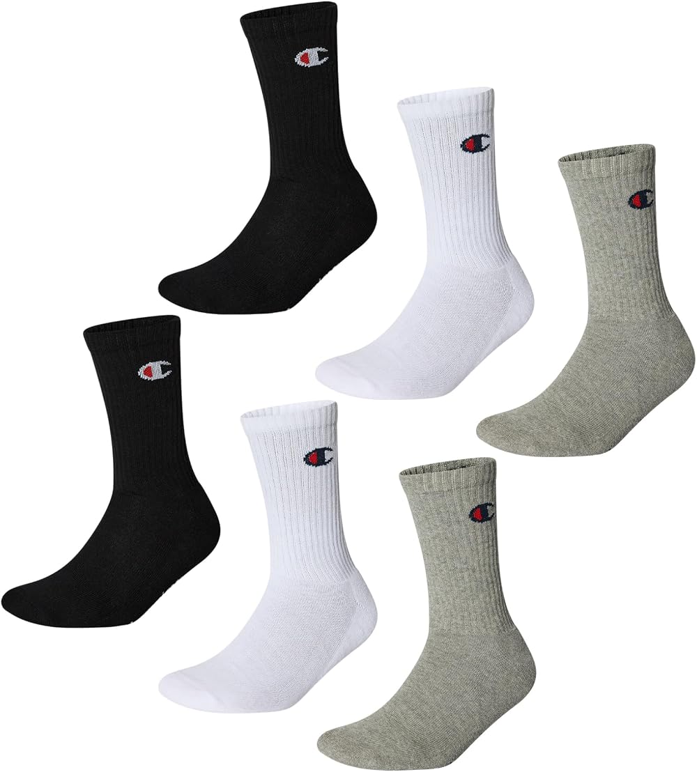 Champion Logo Socks 6 Pairs Crew Cotton Unisex Mid Calf Ribbed