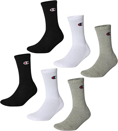 Champion Unisex Basics 6pk Crew Socks Light Grey Melange White Black UK 9-10.5