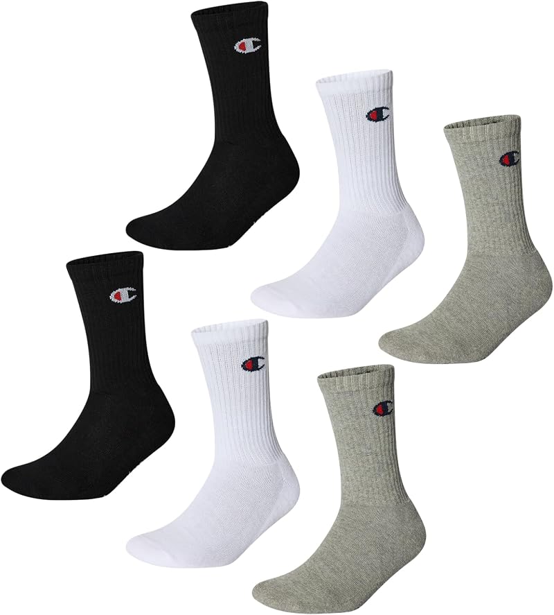 Champion Logo Socks 6 Pairs Crew Cotton Unisex Mid Calf Ribbed