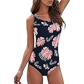 American Trends Modest Criss Cross Back One Piece Swimsuit Women Full Coverage Floral Print Long Torso Swim Suits