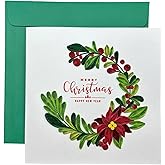 HAIANCO Handcraft 3D Christmas Wreath Quilling Card, Envelope Included, Blank Inside, Xmas Card, Merry Christmas