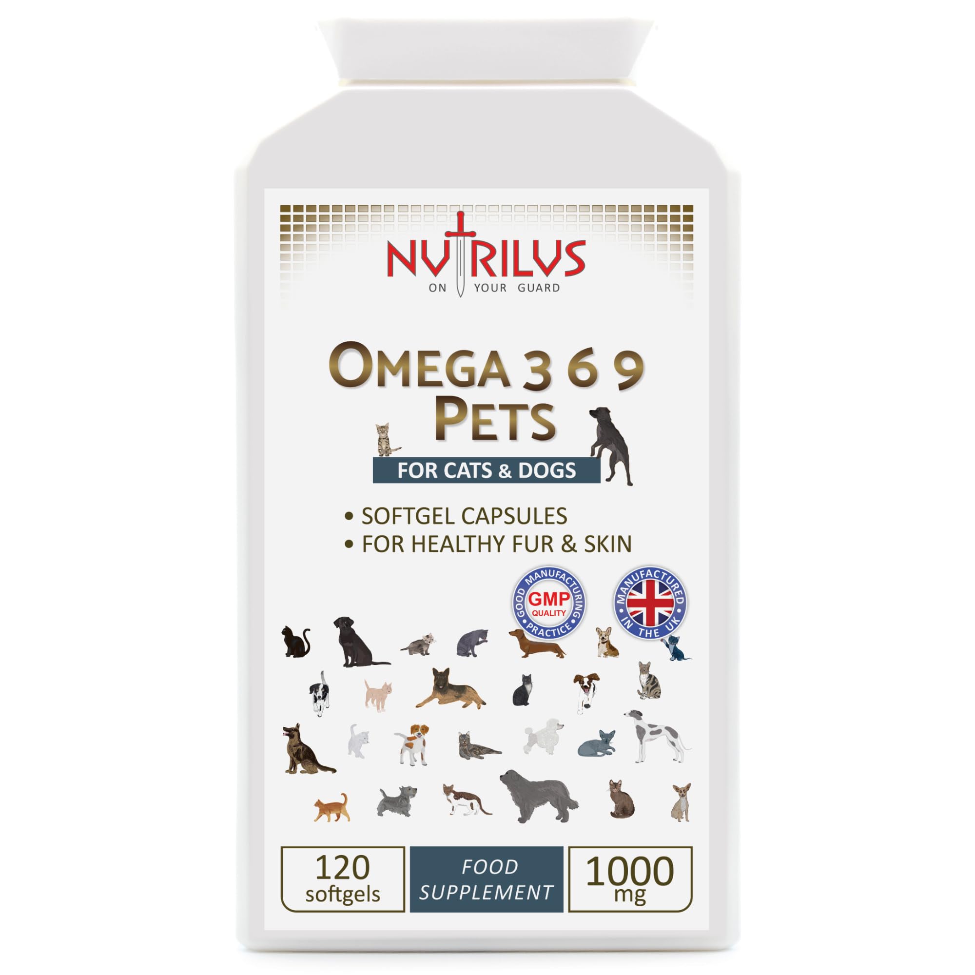 Nutrilus Pet Omega 369 For Cats And Dogs - 120 Softgel Capsules 1000mg with Omega 3 6 9 - Skin And Coat - Immune System - Heart - Anti-Inflammation