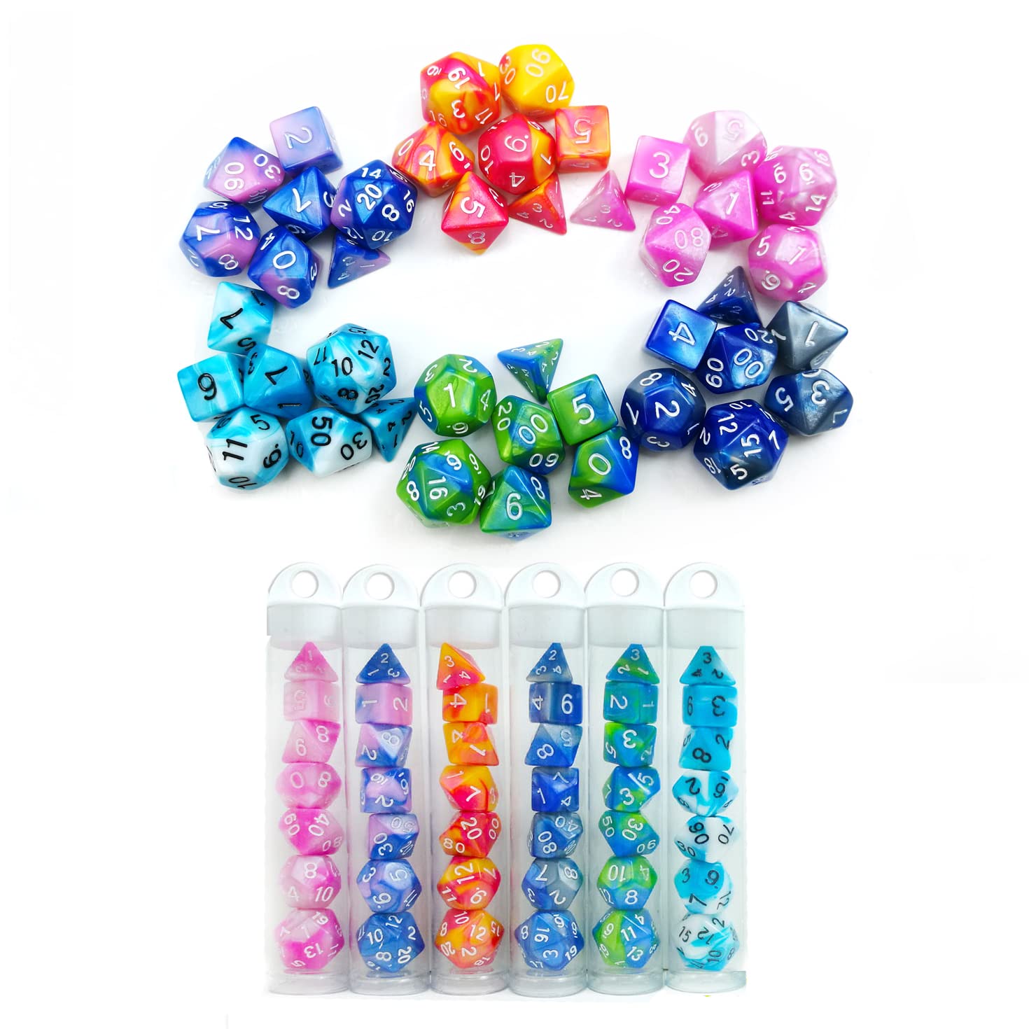 Bescon Mini Gemini Two Tone Polyhedral RPG Dice Set 10MM, Mini RPG Dice Set D4-D20 in Tube Packaging, Assorted Colored of 42pcs (7X6
