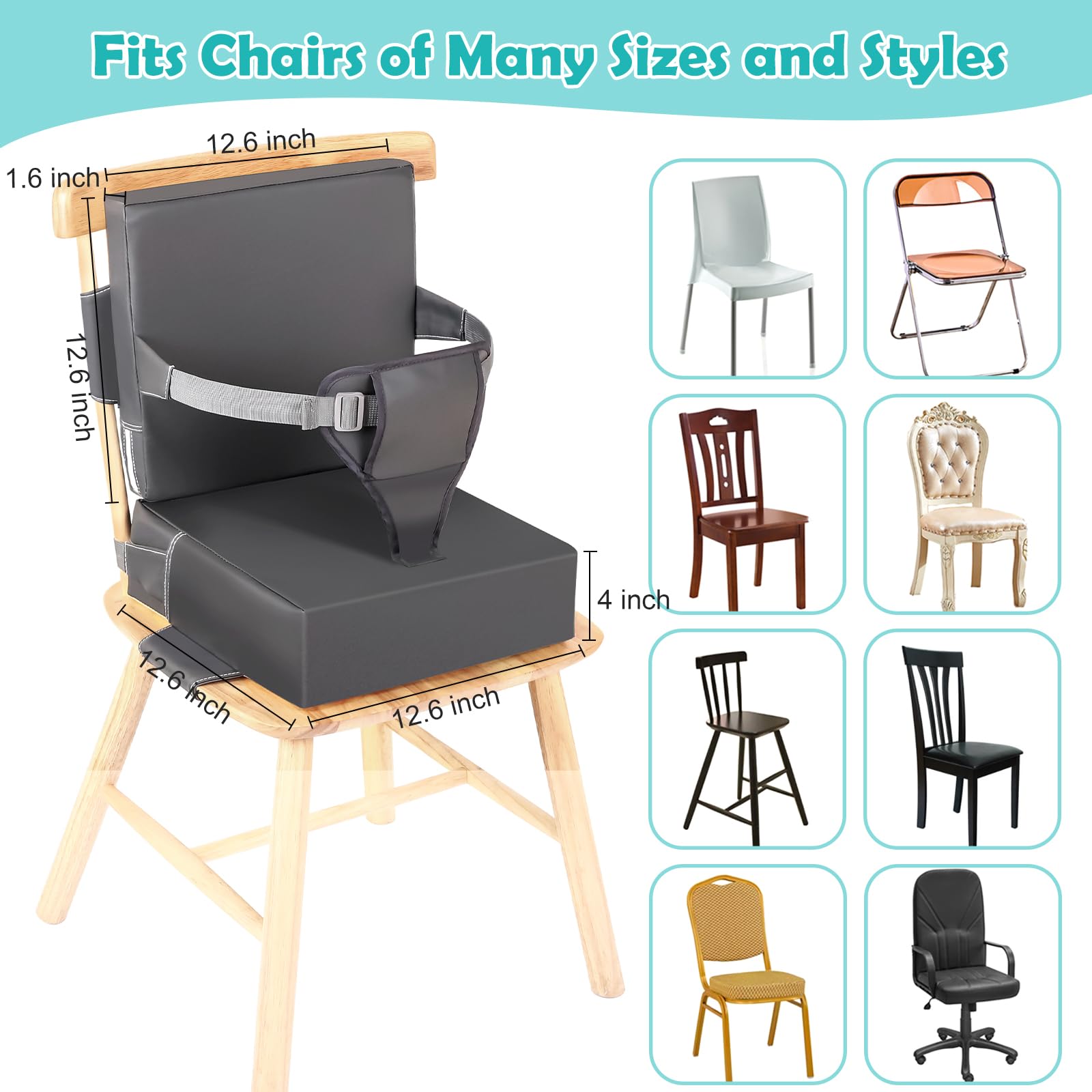 Toddler Booster Seat for Dining Table, PU Waterproof Booster Seat for Dining Table with Backrest and Adjustable Seat Belts Non-Slip Bottom Portable Travel Home Increasing Cushion for Kids Child Baby