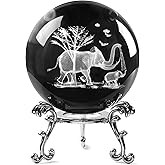 JFTOSALE 2.3in 3D Laser Engraved Mother Son Elephants Crystal Ball with Stand Elephant Figurine Glass Ball Decorative Sphere Table Decor Craft Paperweight