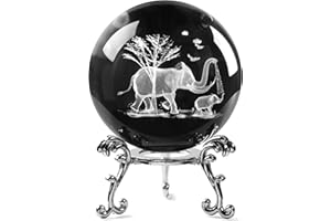JFTOSALE 2.3in 3D Laser Engraved Mother Son Elephants Crystal Ball with Stand Elephant Figurine Glass Ball Decorative Sphere Table Decor Craft Paperweight