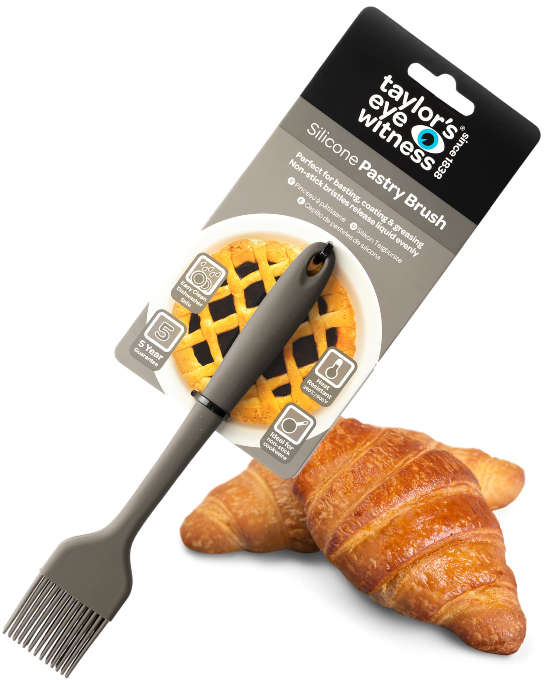 Taylors Eye Witness Grey Silicone Pastry Coating Brush - Dishwasher Safe. Basting, Glazing & Greasing. Non-Stick Bristles Give Even Liquid Release. Odour, Heat & Stain Resistant. 5 Year Guarantee. — image 1