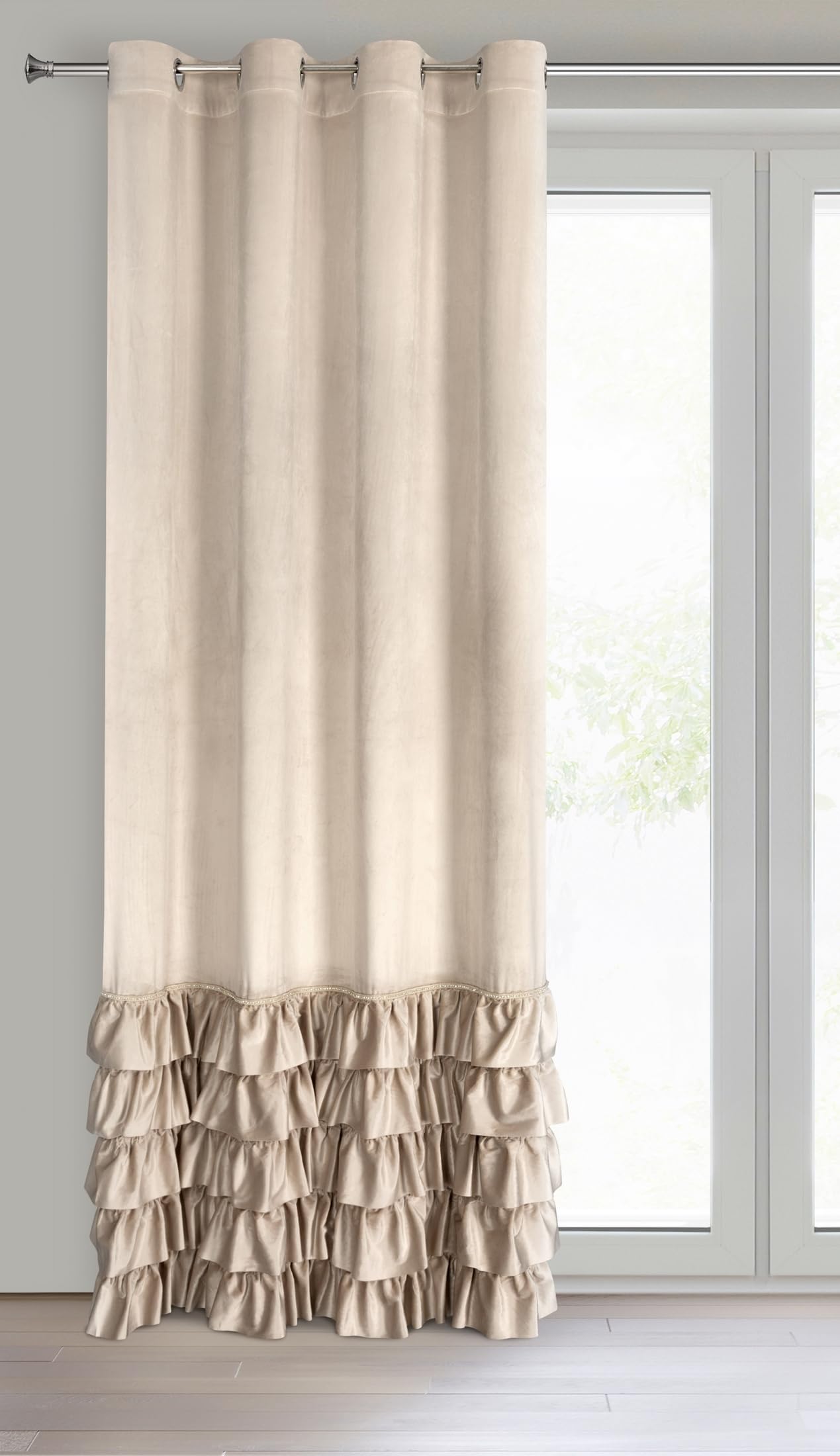 Eurofirany Carli Velvet Curtain with Ruffles, Velvet Curtain with Eyelets, Opaque Blackout Curtain for Living Room, Bedroom, 140 x 250 cm, Beige