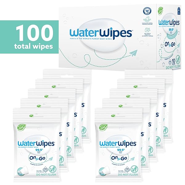 WATERWIPES SENSITIVE+ ON THE GO WIPES, 3-IN-1 CLEANS, CARES, PROTECTS, 99.9% WATER, UNSCENTED & HYPOALLERGENIC WET WIPES, 100 COUNT (10 PACKS)