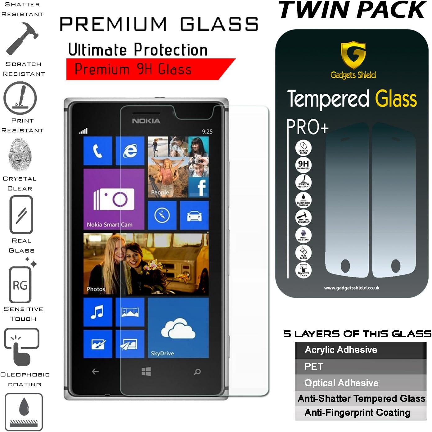 Pack of Two Lumia 950 XL Gadget Shield® Tempered Glass Screen Protector Film Invisible Shield HD Cover 9H Hardness Crystal Clear HD Quality Shatter & Scratch Resistant - Twin Pack for
