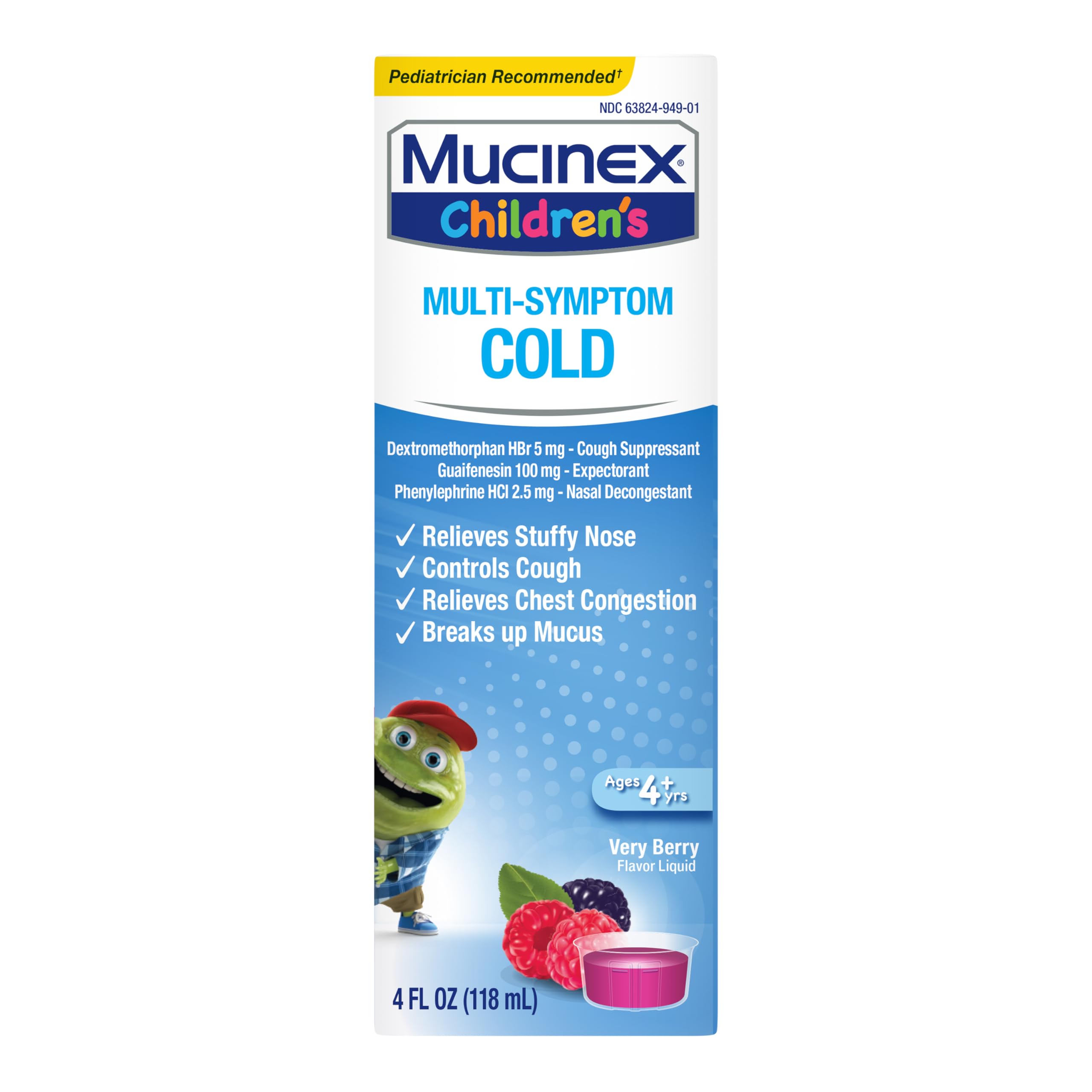 Mucinex Children's Multi-Symptom Cold Relief Liquid- Relieves Stuffy Nose, Chest Congestion, Cough & Mucus, Expectorant & Cough Suppressant with Dextromethorphan, Guaifenesin, Phenylephrine, 4 oz.