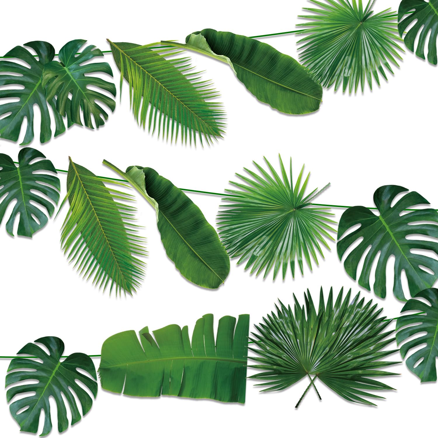 Palm Leaves Party Decorations - 3 Pcs Tropical Leaves Banners, Green Artificial Garland for Hawaiian-Themed Jungle Supplies