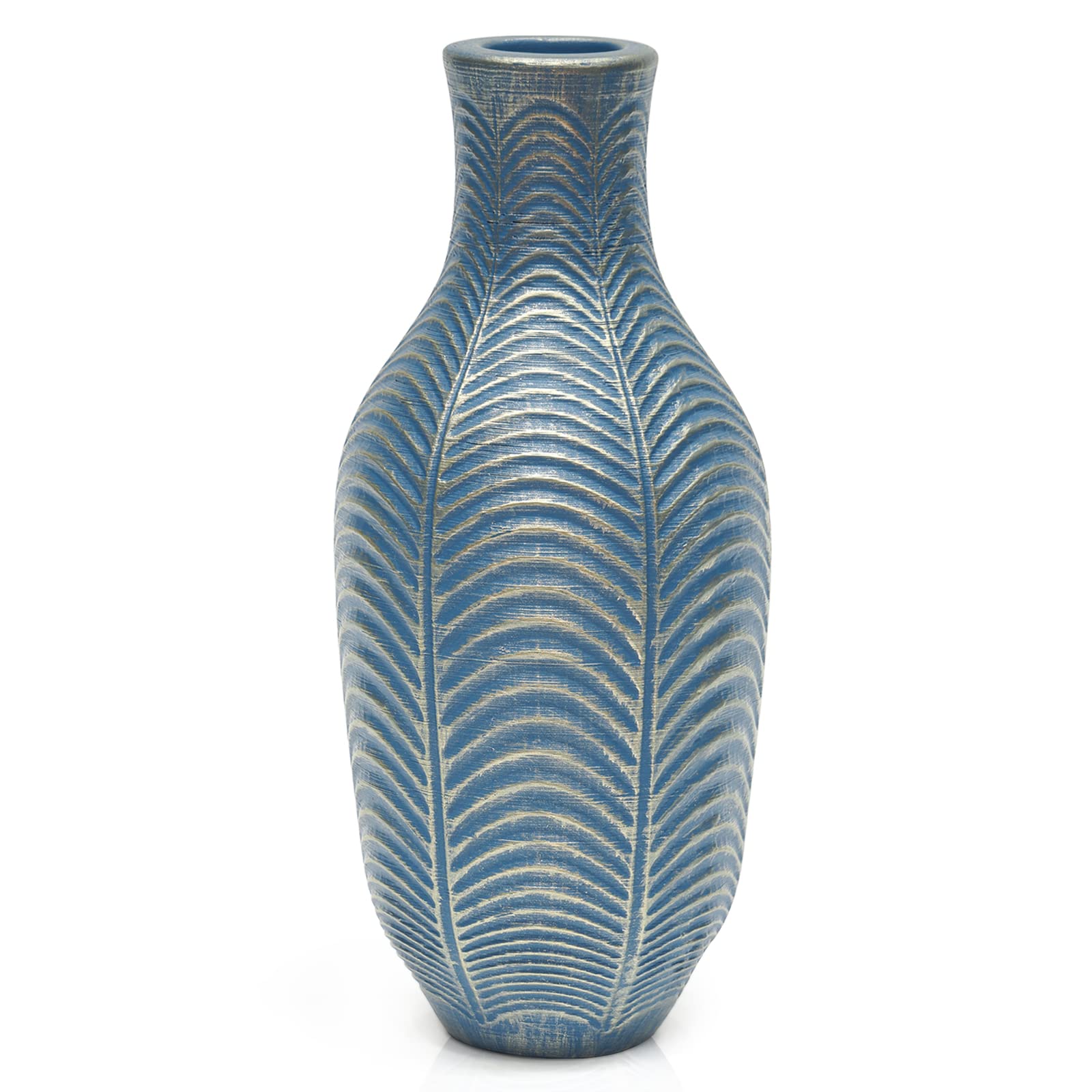 Suanti Matte Blue Flower Vase, Decorative Leaf Pattern, 28.5cm Tall, Handmade Resin, Oval Shape, Blue & Gold, Perfect for Home Office, Living Room, Bedroom, Office, Wedding Decor