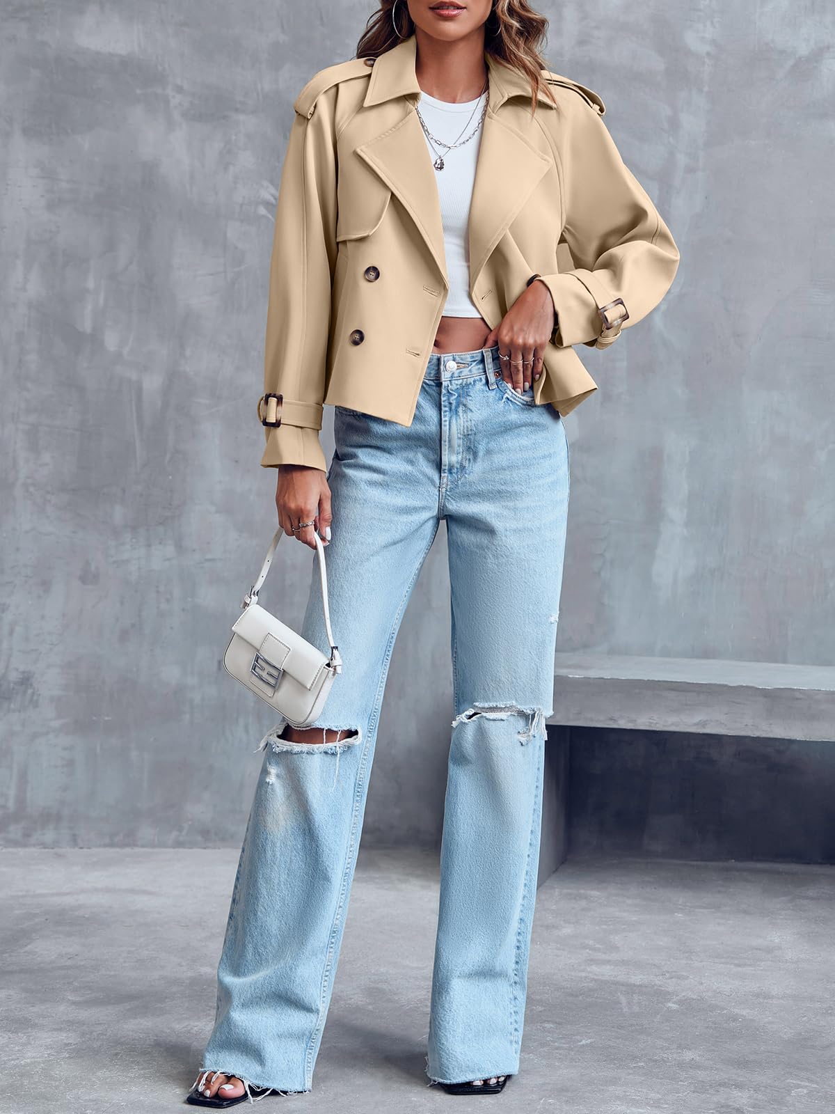 Saodimallsu Women Crop Double Breasted Trench Coat Raglan Sleeve Work Office Cropped Jacket With Pockets